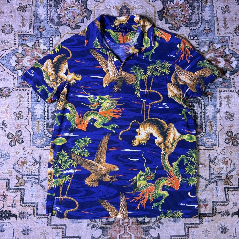 Polo Ralph Lauren Mens Blue Tiger Dragon Eagle Japanese Print Shirt Medium 2014